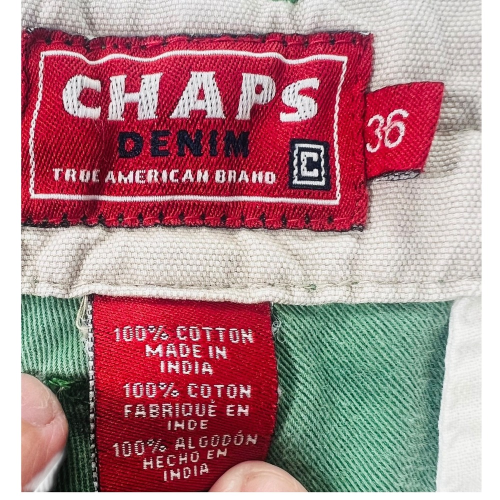 Vtg Chaps Green Denim Baggy Cargo Shorts Loose Long Sz 36 Mens Y2K Skater‎ 90s - Picture 3 of 8